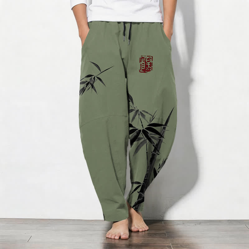 Buddha Stones Pure Cotton Oriental Ink Bamboo Pattern Drawstring Men's Tapered Pants With Pockets - DarkOliveGreen - US/UK/AU50,EU60 (5XL) - image 7