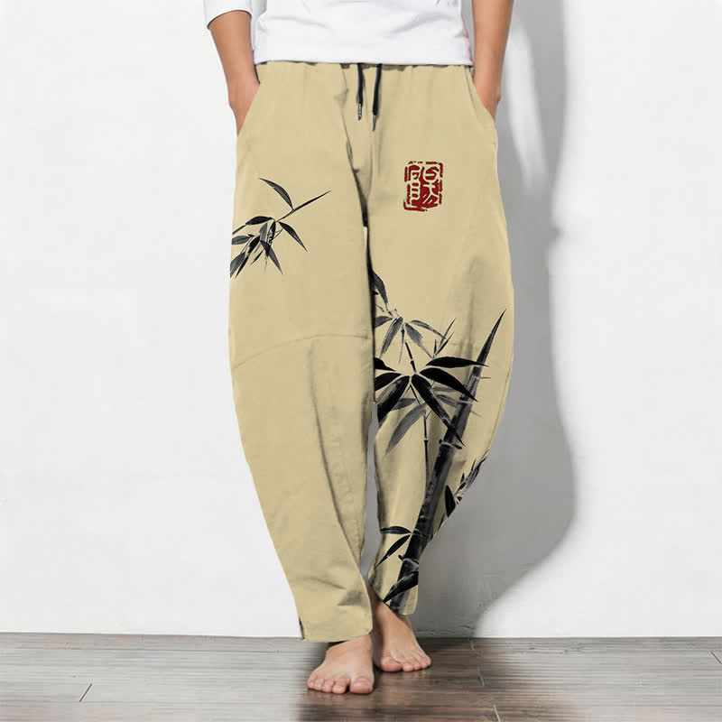 Buddha Stones Pure Cotton Oriental Ink Bamboo Pattern Drawstring Men's Tapered Pants With Pockets - PaleGoldenrod - US/UK/AU50,EU60 (5XL) - image 11