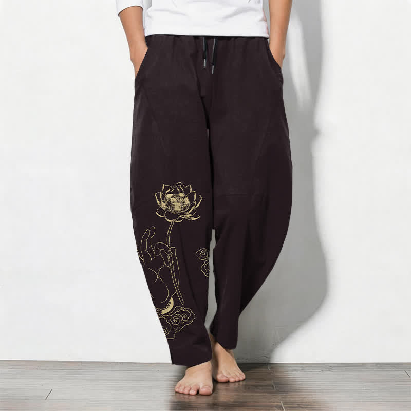 Buddha Stones Pure Cotton Golden Lotus Cloud Pattern Drawstring Men's Tapered Pants With Pockets - SaddleBrown - US/UK/AU50,EU60 (5XL) - image 7