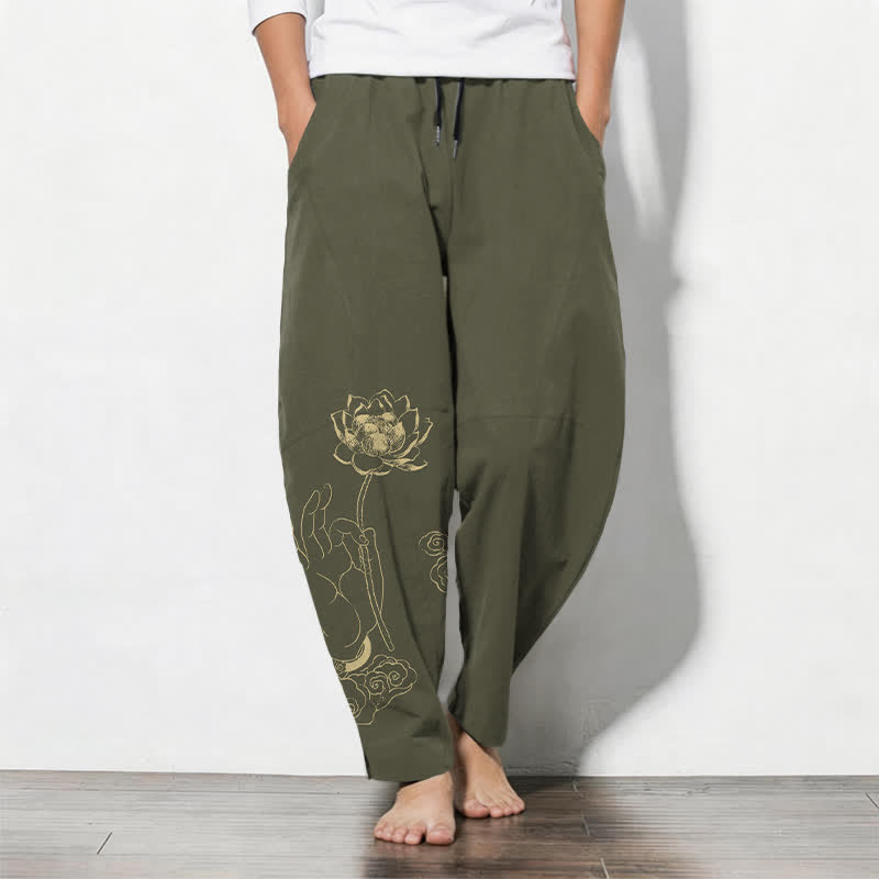 Buddha Stones Pure Cotton Golden Lotus Cloud Pattern Drawstring Men's Tapered Pants With Pockets - Olive - US/UK/AU50,EU60 (5XL) - image 11