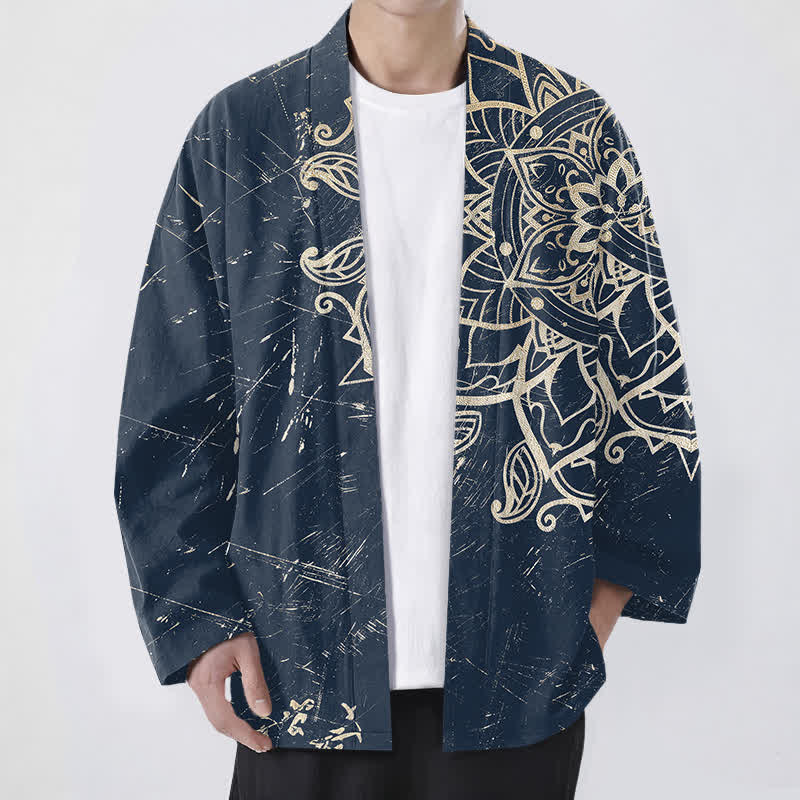 Buddha Stones Cotton Distressed Mandala Pattern Open Front Men's Kimono - Navy - US/UK/AU48,EU58 (4XL) - image 0