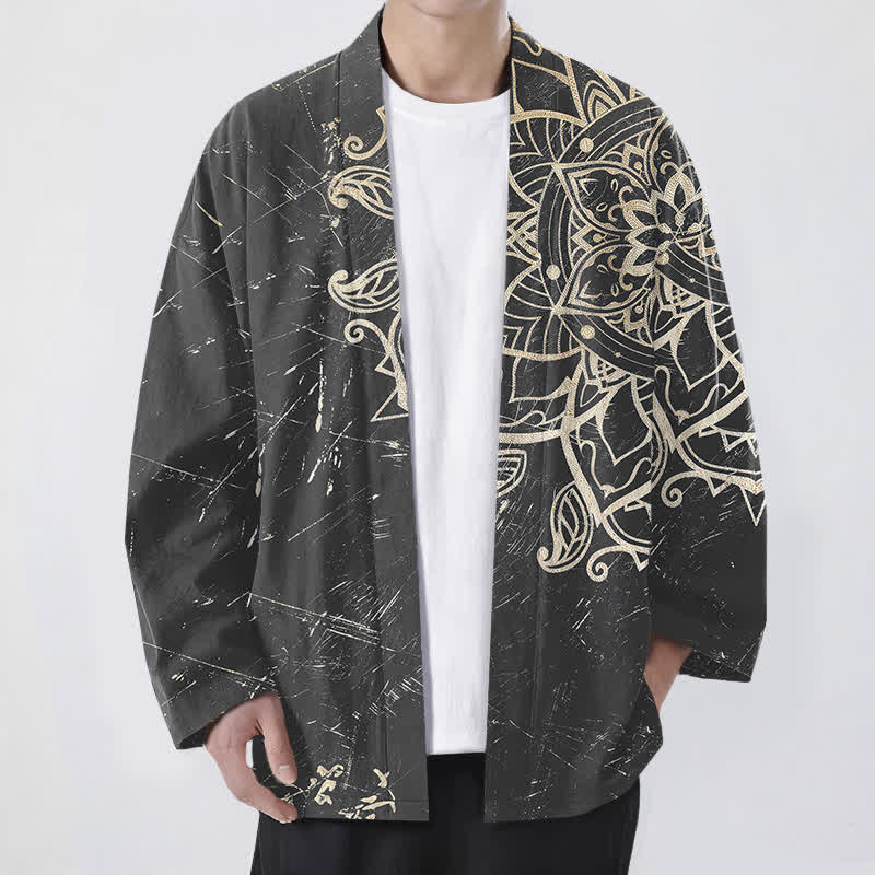 Buddha Stones Cotton Distressed Mandala Pattern Open Front Men's Kimono - Gray - US/UK/AU48,EU58 (4XL) - image 9