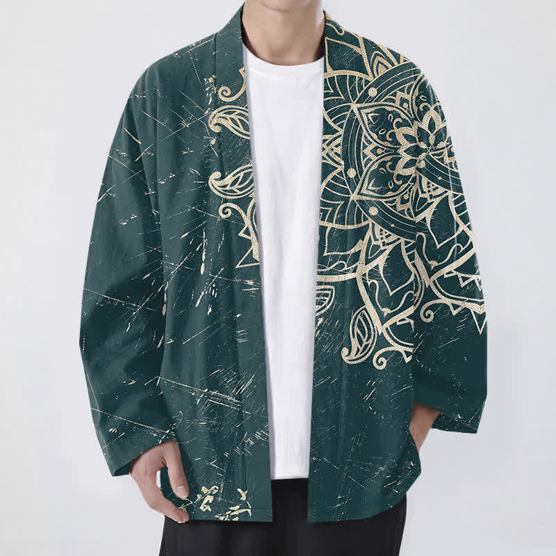Buddha Stones Cotton Distressed Mandala Pattern Open Front Men's Kimono - Teal - US/UK/AU48,EU58 (4XL) - image 6