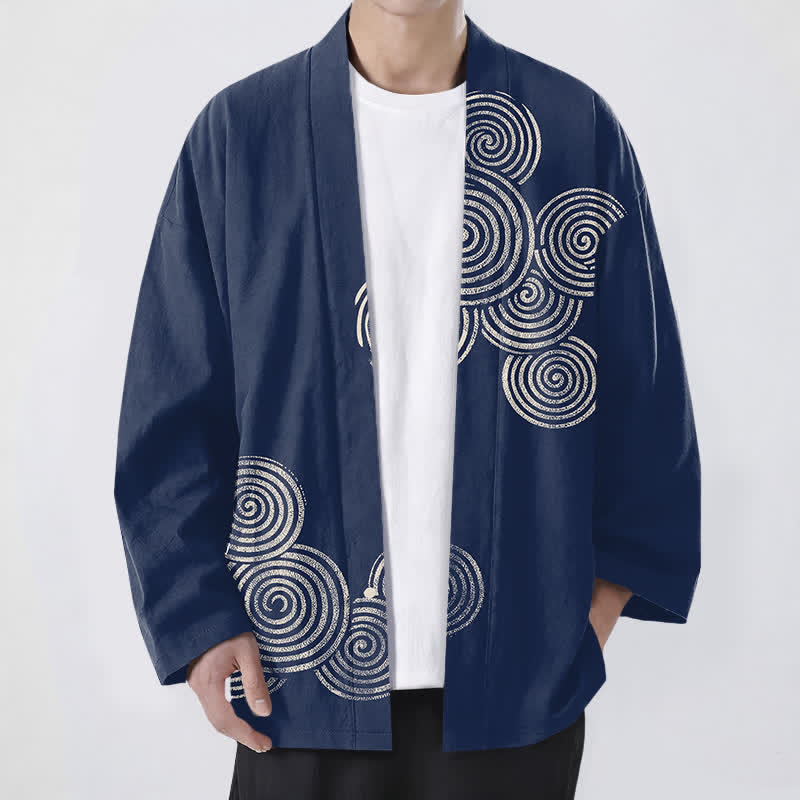 Buddha Stones Cotton Concentric Spiral Pattern Open Front Men's Kimono - Navy - US/UK/AU48,EU58 (4XL) - image 0