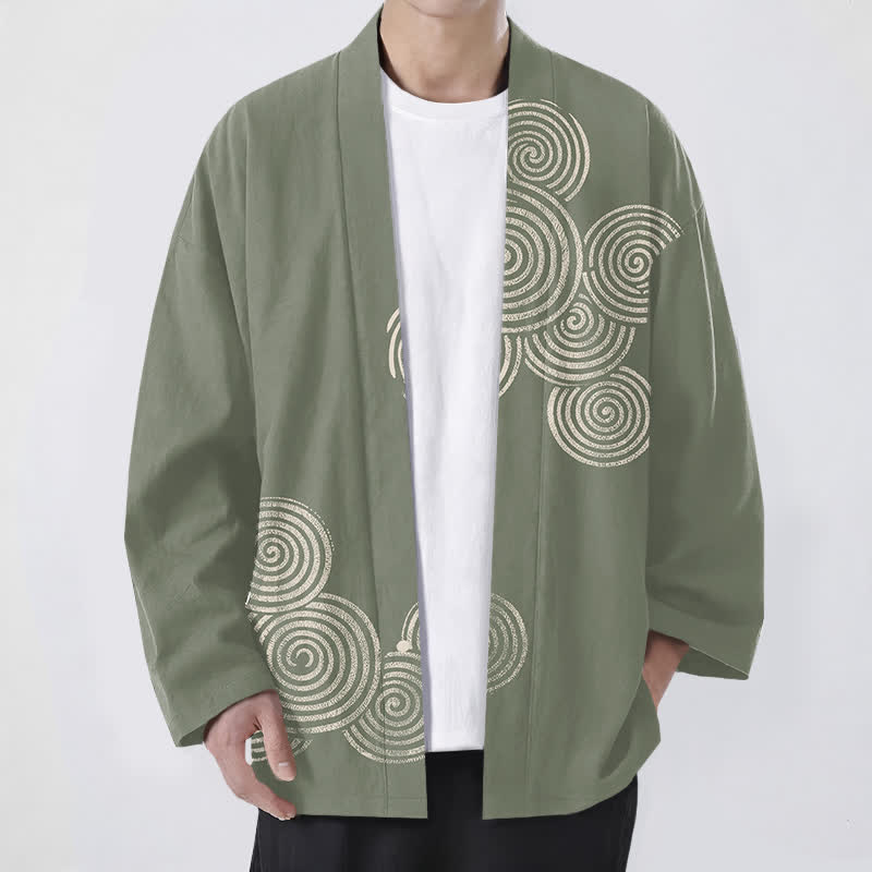 Buddha Stones Cotton Concentric Spiral Pattern Open Front Men's Kimono - DarkSeaGreen - US/UK/AU48,EU58 (4XL) - image 6