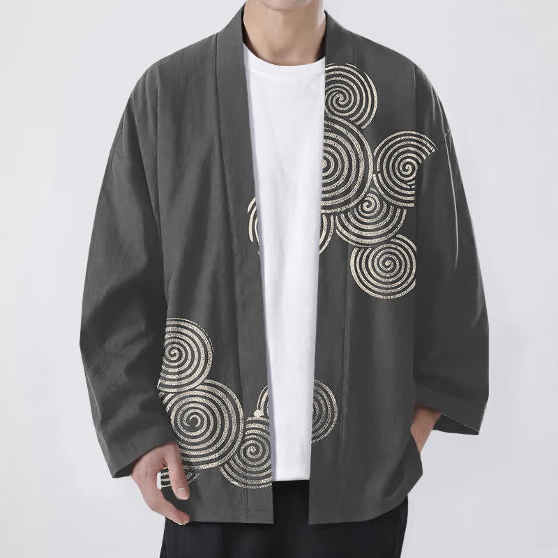 Buddha Stones Cotton Concentric Spiral Pattern Open Front Men's Kimono - DimGray - US/UK/AU48,EU58 (4XL) - image 9