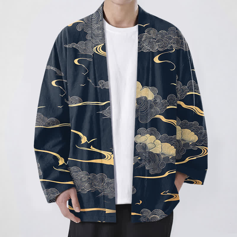 Buddha Stones Cotton Golden Cloud Pattern Open Front Men's Kimono - Navy - US/UK/AU48,EU58 (4XL) - image 0