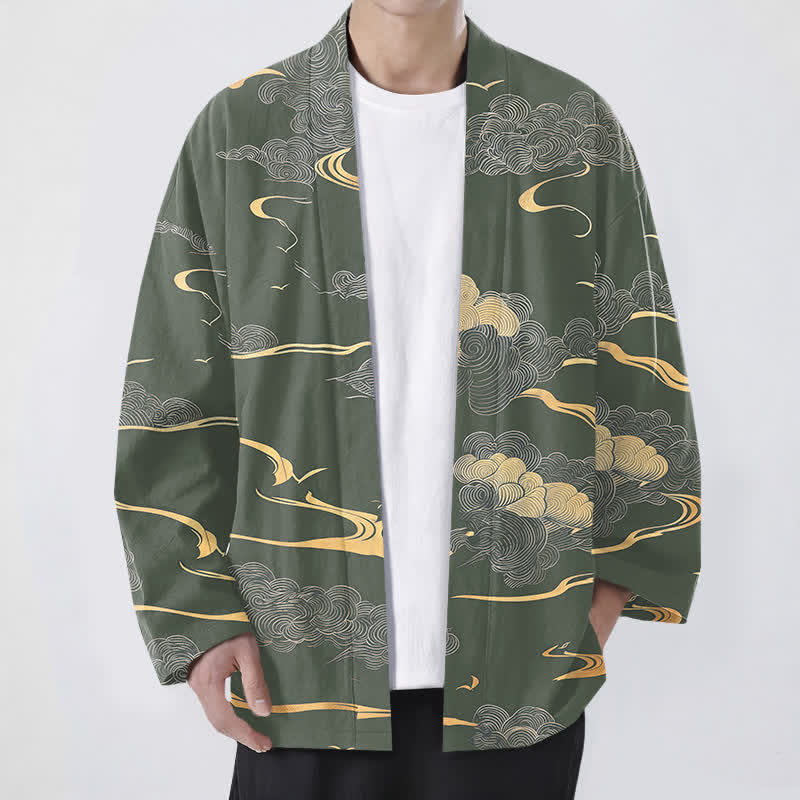 Buddha Stones Cotton Golden Cloud Pattern Open Front Men's Kimono - DarkSeaGreen - US/UK/AU48,EU58 (4XL) - image 6
