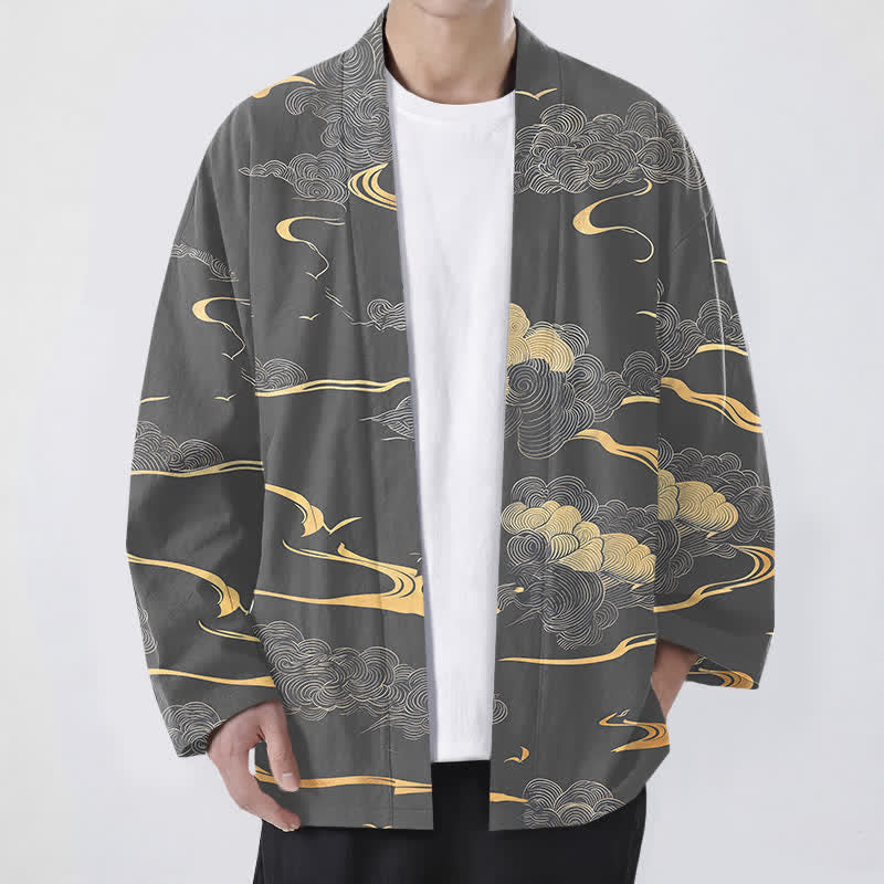 Buddha Stones Cotton Golden Cloud Pattern Open Front Men's Kimono - Gray - US/UK/AU48,EU58 (4XL) - image 9