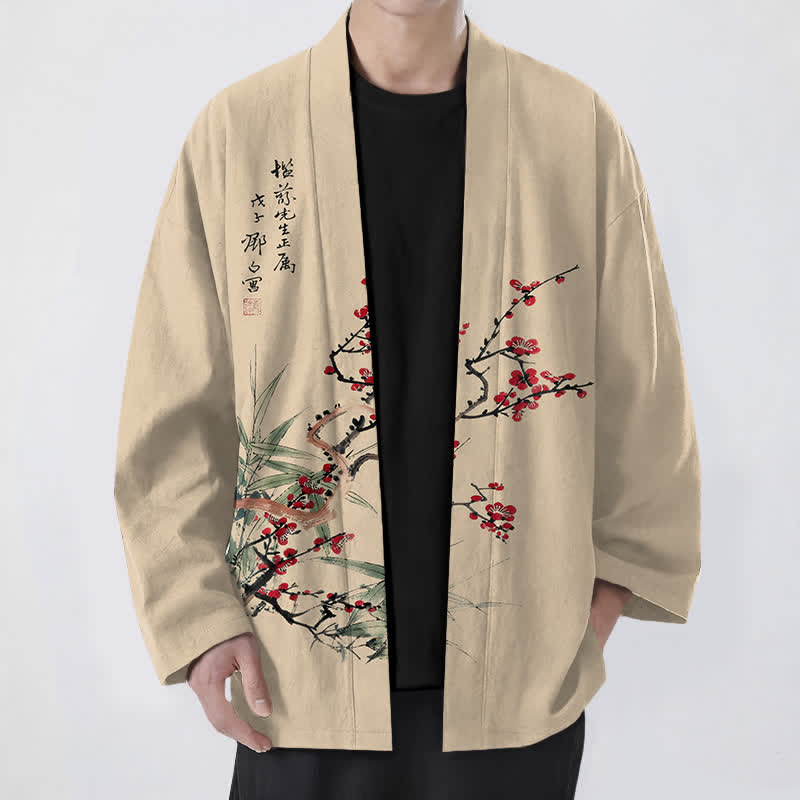 Buddha Stones Cotton Red Plum Bamboo Pattern Open Front Men's Kimono - Wheat - US/UK/AU48,EU58 (4XL) - image 0