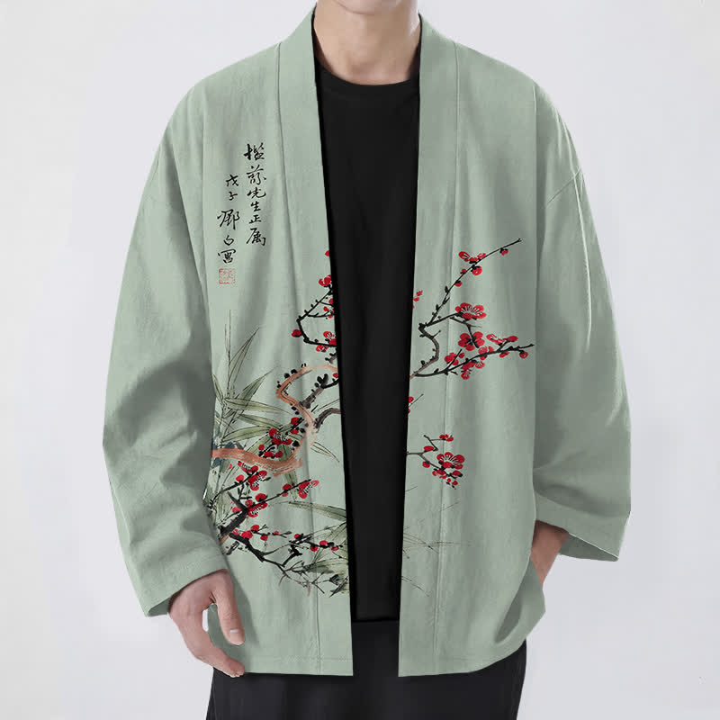Buddha Stones Cotton Red Plum Bamboo Pattern Open Front Men's Kimono - DarkSeaGreen - US/UK/AU48,EU58 (4XL) - image 6