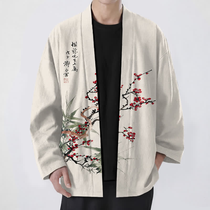 Buddha Stones Cotton Red Plum Bamboo Pattern Open Front Men's Kimono - Beige - US/UK/AU48,EU58 (4XL) - image 9