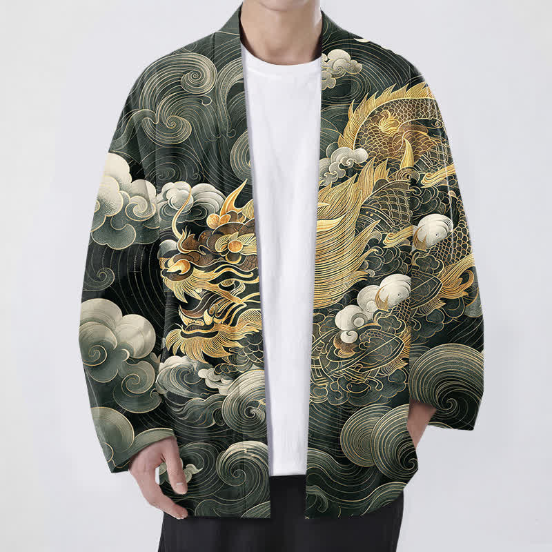 Buddha Stones Cotton Golden Dragon Cloud Pattern Open Front Men's Kimono - DarkGreen - US/UK/AU48,EU58 (4XL) - image 6