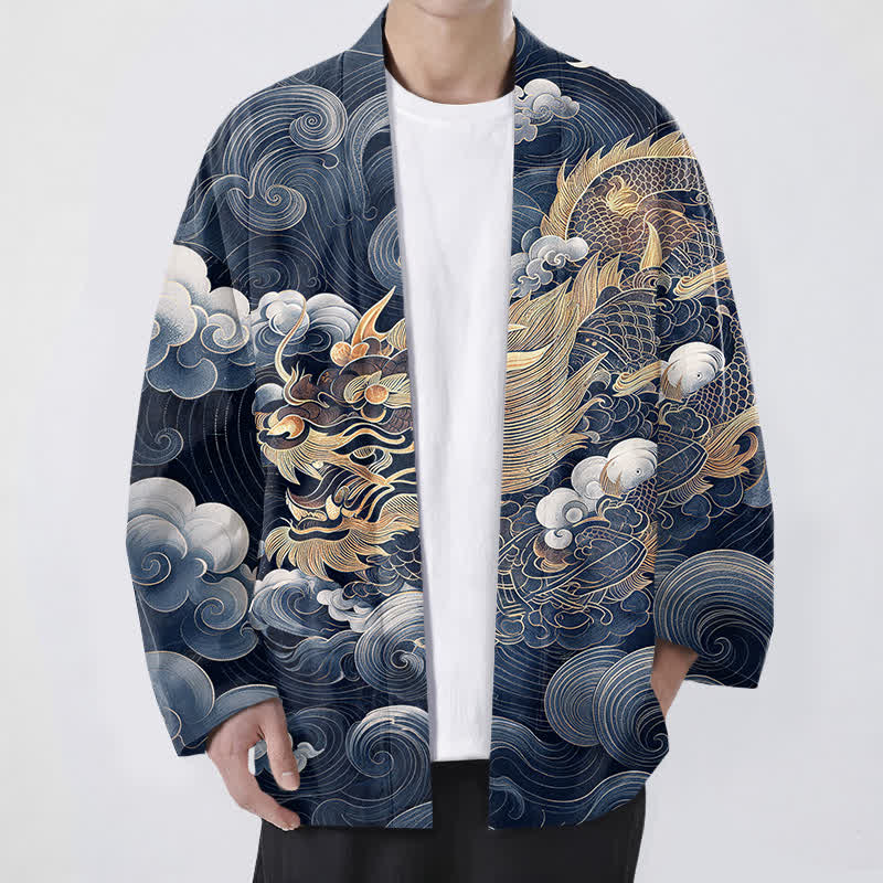 Buddha Stones Cotton Golden Dragon Cloud Pattern Open Front Men's Kimono - Navy - US/UK/AU48,EU58 (4XL) - image 9