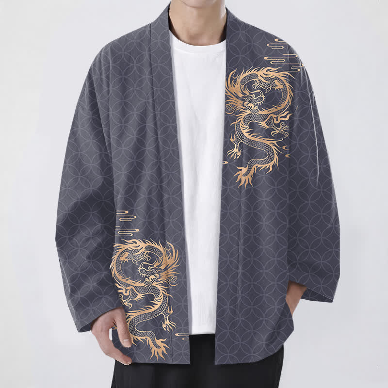 Buddha Stones Cotton Golden Dragon Geometric Circle Pattern Open Front Men's Kimono - SlateGray - US/UK/AU48,EU58 (4XL) - image 0