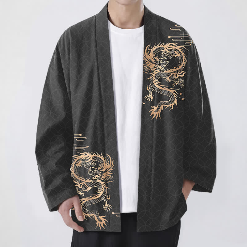 Buddha Stones Cotton Golden Dragon Geometric Circle Pattern Open Front Men's Kimono - Black - US/UK/AU48,EU58 (4XL) - image 6