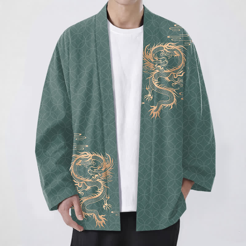 Buddha Stones Cotton Golden Dragon Geometric Circle Pattern Open Front Men's Kimono - MediumSeaGreen - US/UK/AU48,EU58 (4XL) - image 9