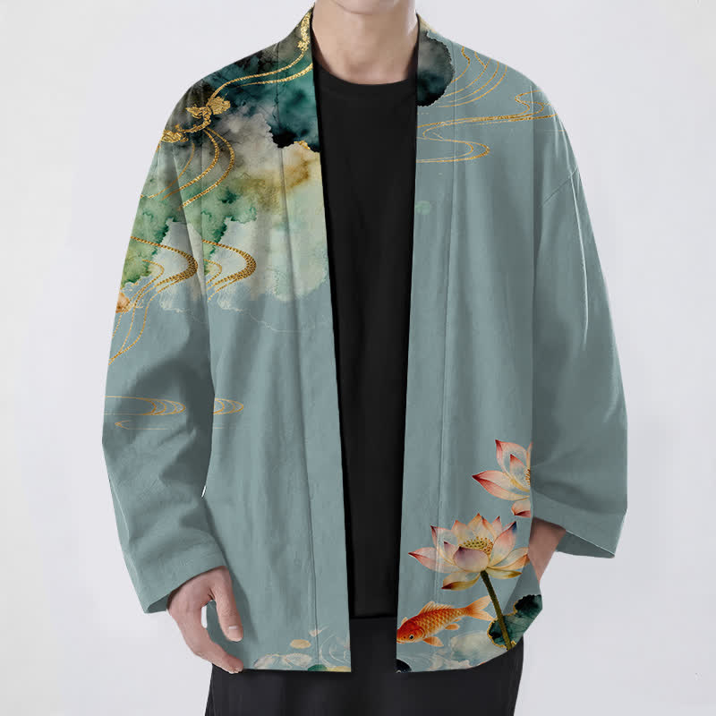 Buddha Stones Cotton Lotus Koi Ink Cloud Pattern Open Front Men's Kimono - CadetBlue - US/UK/AU48,EU58 (4XL) - image 0
