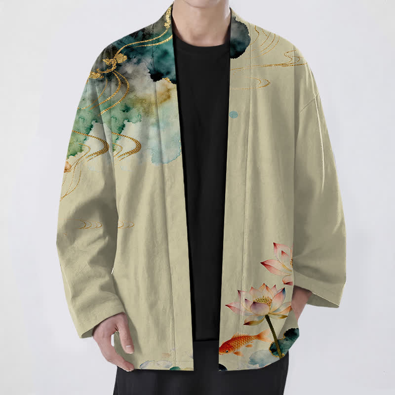 Buddha Stones Cotton Lotus Koi Ink Cloud Pattern Open Front Men's Kimono - PaleGoldenrod - US/UK/AU48,EU58 (4XL) - image 6