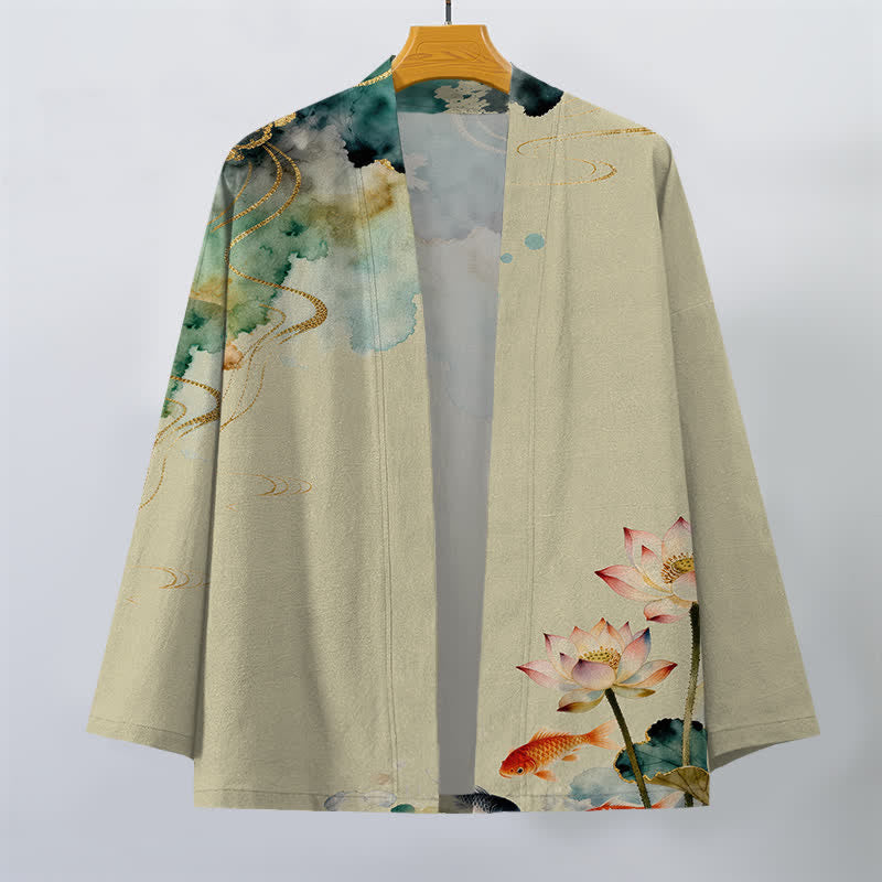 Buddha Stones Cotton Lotus Koi Ink Cloud Pattern Open Front Men's Kimono - image 7