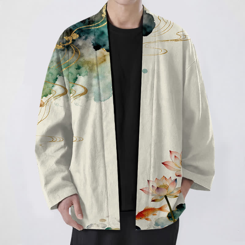 Buddha Stones Cotton Lotus Koi Ink Cloud Pattern Open Front Men's Kimono - Beige - US/UK/AU48,EU58 (4XL) - image 9