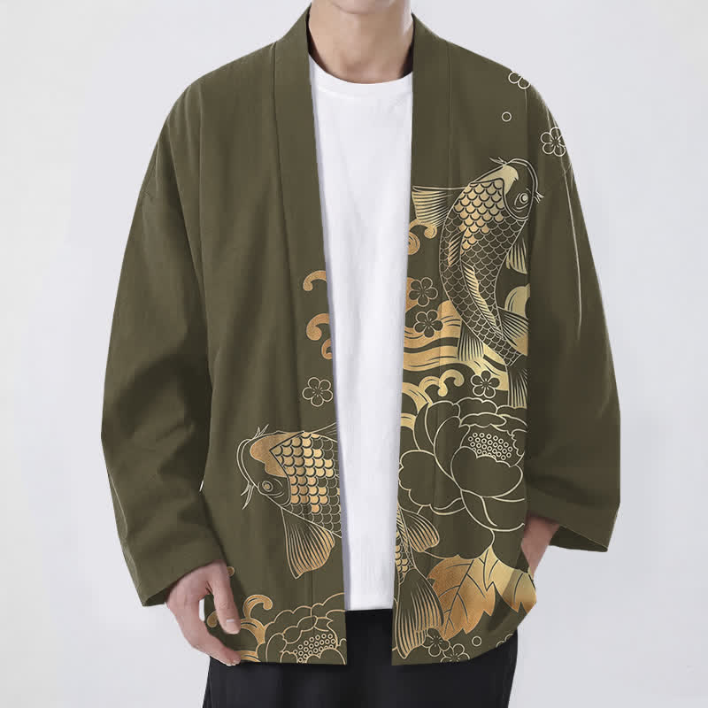 Buddha Stones Cotton Golden Koi Floral Pattern Open Front Men's Kimono - Olive - US/UK/AU48,EU58 (4XL) - image 0