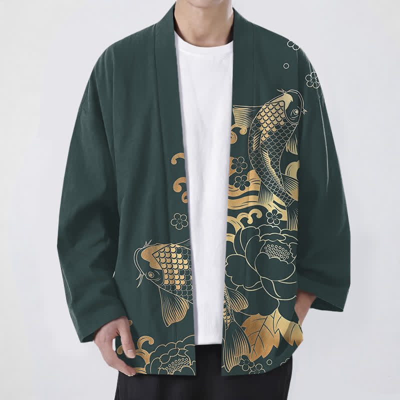 Buddha Stones Cotton Golden Koi Floral Pattern Open Front Men's Kimono - Teal - US/UK/AU48,EU58 (4XL) - image 6