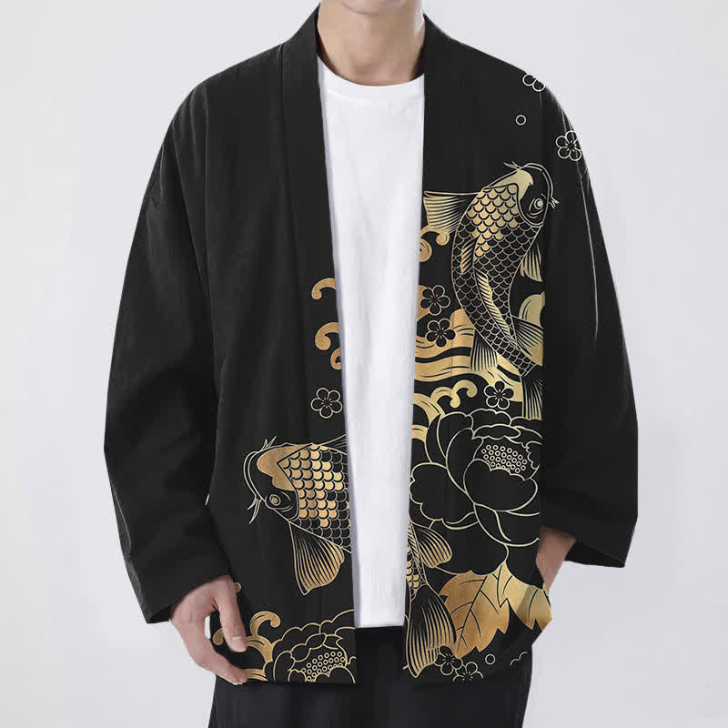 Buddha Stones Cotton Golden Koi Floral Pattern Open Front Men's Kimono - Black - US/UK/AU48,EU58 (4XL) - image 9