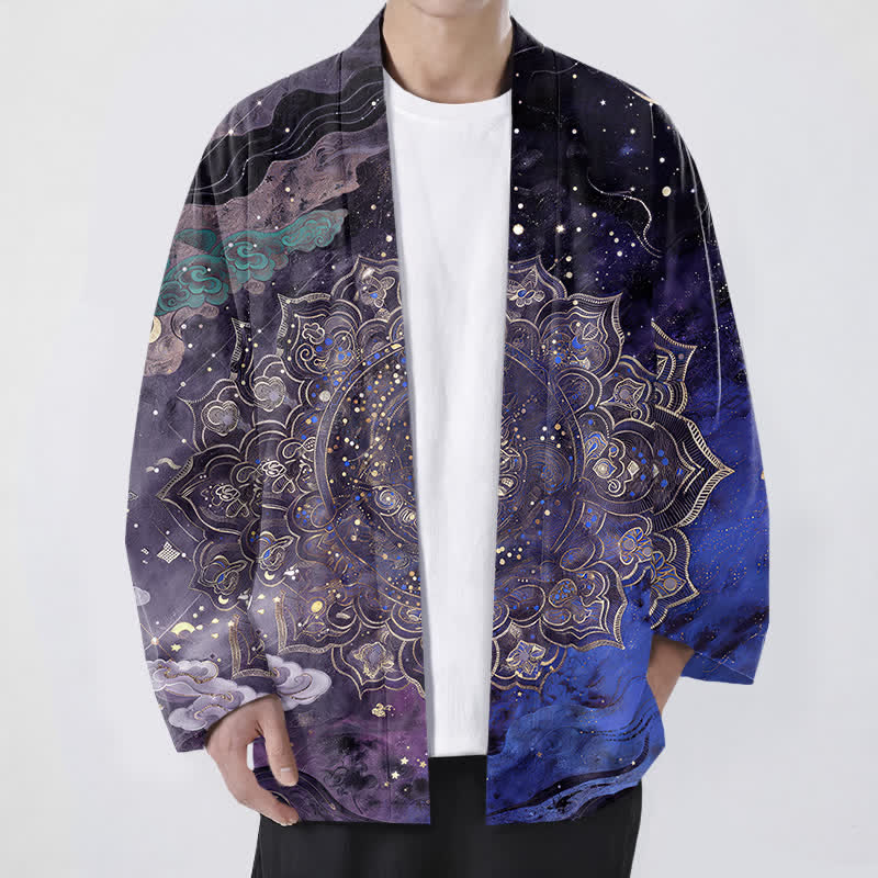 Buddha Stones Cotton Galactic Mandala Pattern Open Front Men's Kimono - Indigo - US/UK/AU48,EU58 (4XL) - image 0