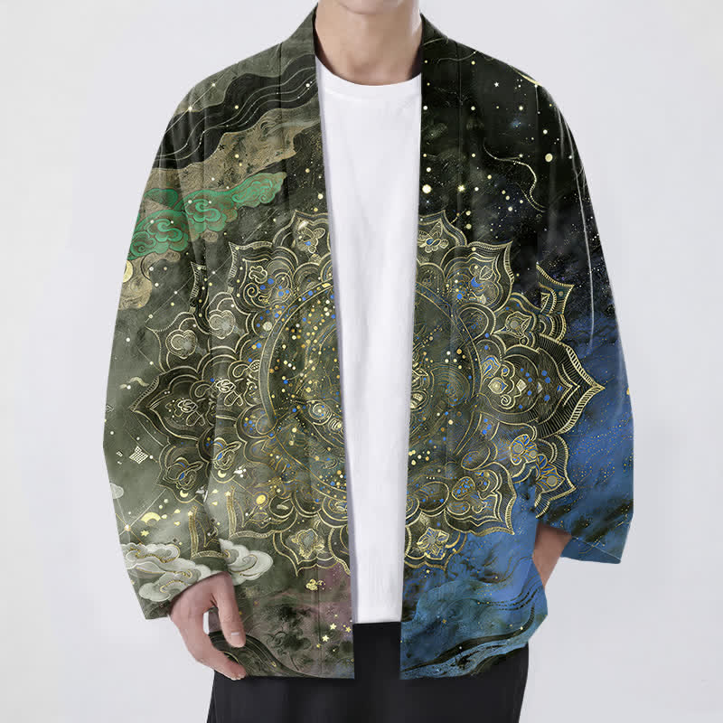 Buddha Stones Cotton Galactic Mandala Pattern Open Front Men's Kimono - DarkOliveGreen - US/UK/AU48,EU58 (4XL) - image 6