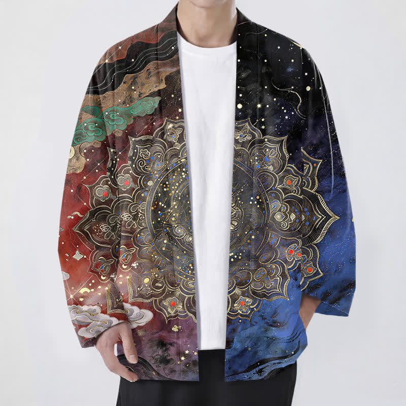 Buddha Stones Cotton Galactic Mandala Pattern Open Front Men's Kimono - FireBrick - US/UK/AU48,EU58 (4XL) - image 9