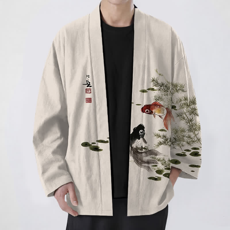 Buddha Stones Cotton Koi Lotus Ink Wash Pattern Open Front Men's Kimono - Beige - US/UK/AU48,EU58 (4XL) - image 0