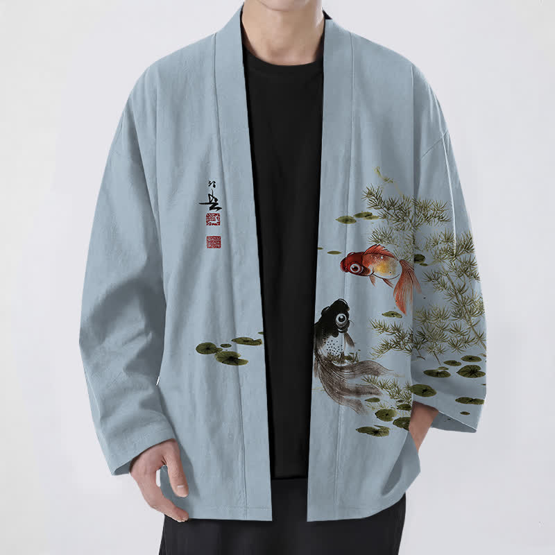 Buddha Stones Cotton Koi Lotus Ink Wash Pattern Open Front Men's Kimono - LightSteelBlue - US/UK/AU48,EU58 (4XL) - image 6