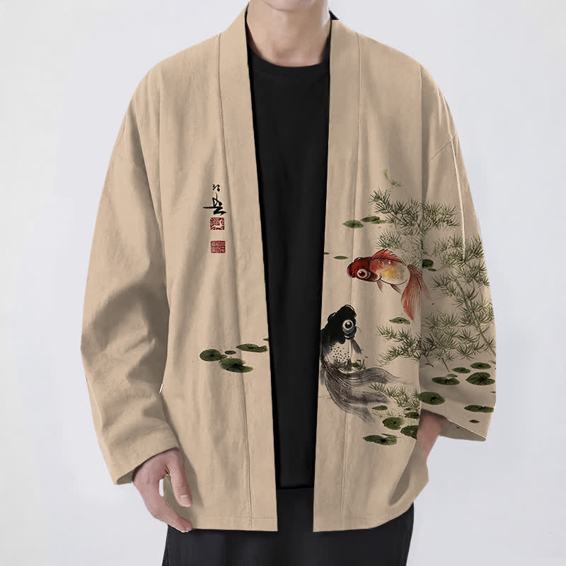 Buddha Stones Cotton Koi Lotus Ink Wash Pattern Open Front Men's Kimono - Wheat - US/UK/AU48,EU58 (4XL) - image 9