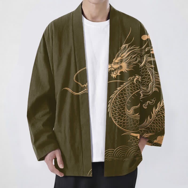 Buddha Stones Cotton Golden Dragon Cloud Wave Pattern Open Front Men's Kimono - Olive - US/UK/AU48,EU58 (4XL) - image 0