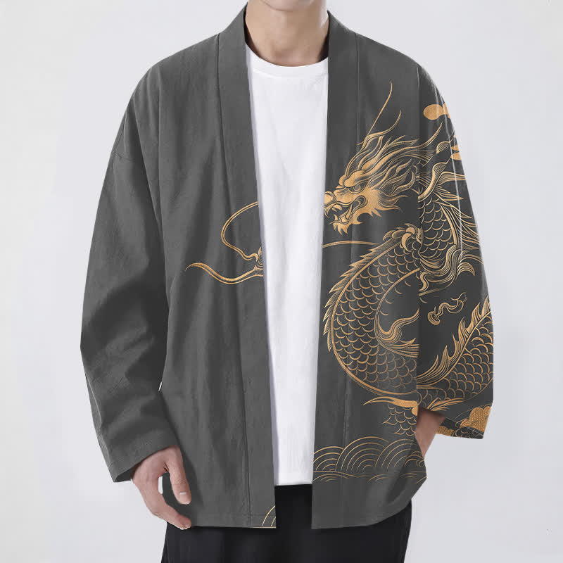 Buddha Stones Cotton Golden Dragon Cloud Wave Pattern Open Front Men's Kimono - DimGray - US/UK/AU48,EU58 (4XL) - image 6