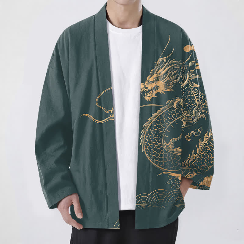 Buddha Stones Cotton Golden Dragon Cloud Wave Pattern Open Front Men's Kimono - Teal - US/UK/AU48,EU58 (4XL) - image 9