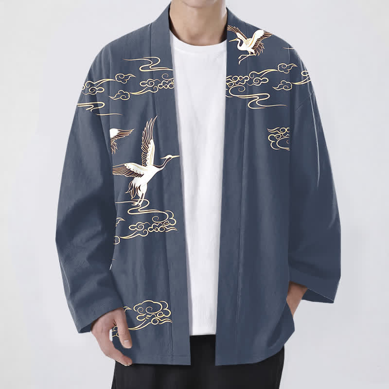 Buddha Stones Cotton White Crane Gold Cloud Pattern Open Front Men's Kimono - SteelBlue - US/UK/AU48,EU58 (4XL) - image 0