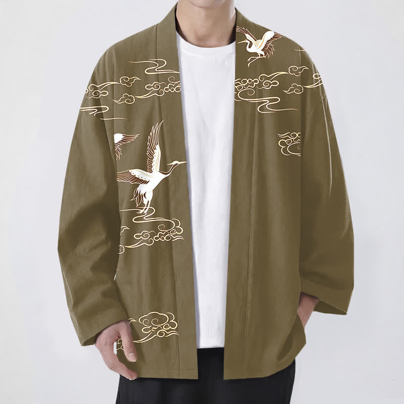 Buddha Stones Cotton White Crane Gold Cloud Pattern Open Front Men's Kimono - Olive - US/UK/AU48,EU58 (4XL) - image 9