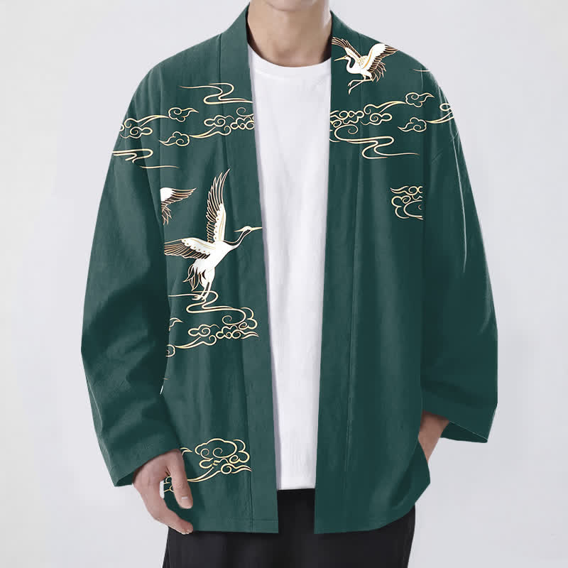Buddha Stones Cotton White Crane Gold Cloud Pattern Open Front Men's Kimono - Teal - US/UK/AU48,EU58 (4XL) - image 6