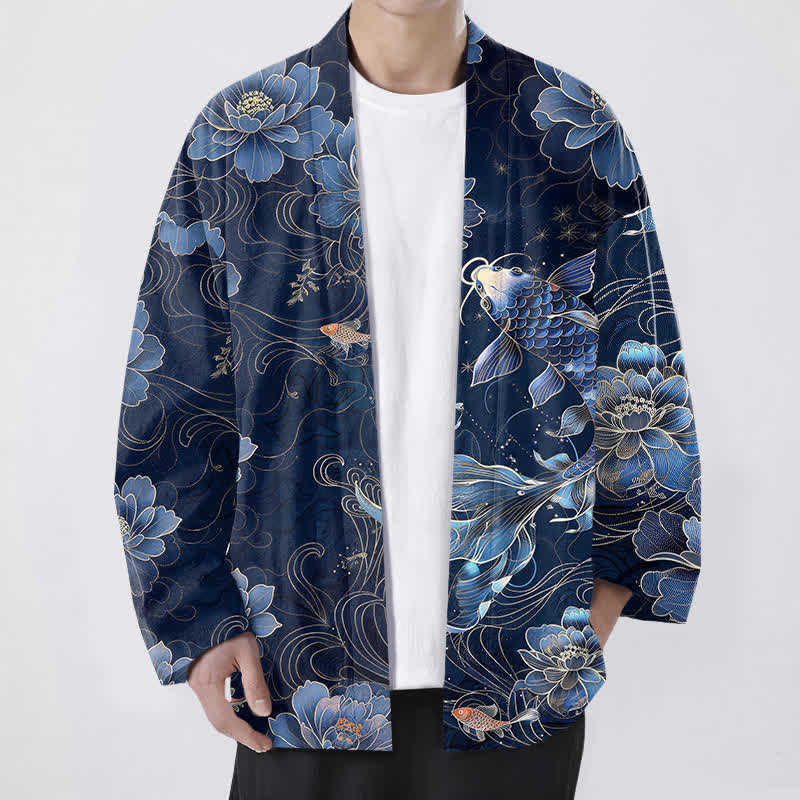 Buddha Stones Cotton Koi Lotus Flowing Waves Pattern Open Front Men's Kimono - Navy - US/UK/AU48,EU58 (4XL) - image 0