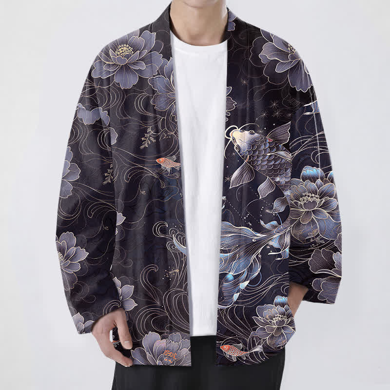 Buddha Stones Cotton Koi Lotus Flowing Waves Pattern Open Front Men's Kimono - DarkSlateBlue - US/UK/AU48,EU58 (4XL) - image 6