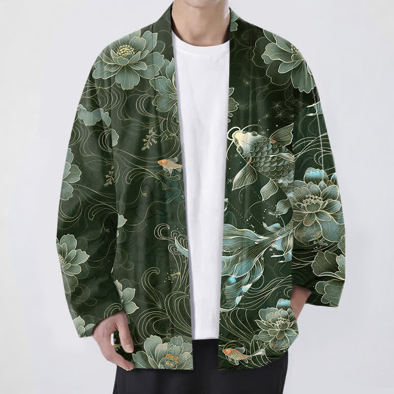 Buddha Stones Cotton Koi Lotus Flowing Waves Pattern Open Front Men's Kimono - DarkGreen - US/UK/AU48,EU58 (4XL) - image 9
