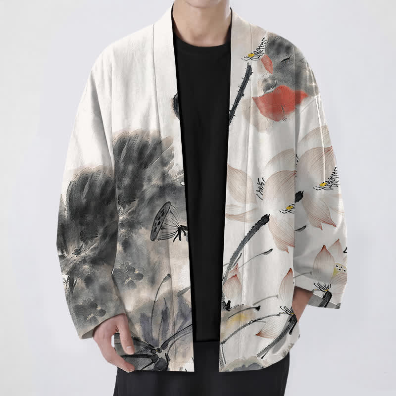 Buddha Stones Cotton Ink Lotus Pattern Open Front Men's Kimono - Black - US/UK/AU48,EU58 (4XL) - image 0