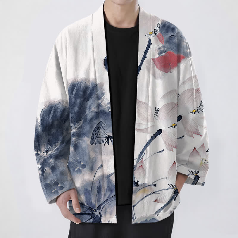 Buddha Stones Cotton Ink Lotus Pattern Open Front Men's Kimono - SteelBlue - US/UK/AU48,EU58 (4XL) - image 6