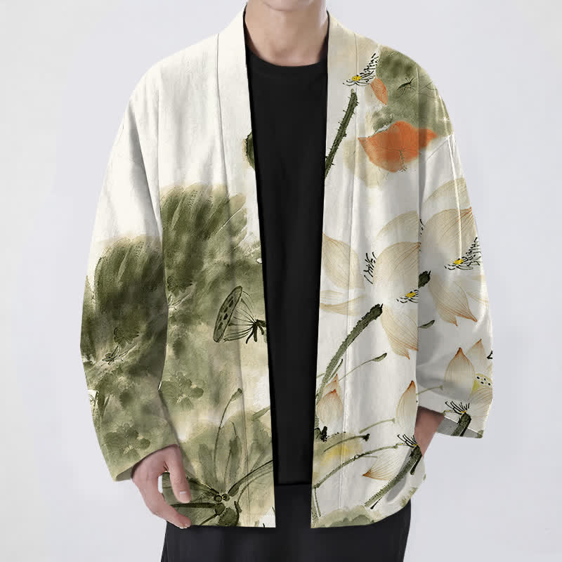 Buddha Stones Cotton Ink Lotus Pattern Open Front Men's Kimono - OliveDrab - US/UK/AU48,EU58 (4XL) - image 9
