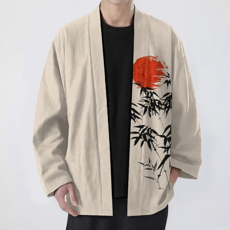 Buddha Stones Cotton Red Sun Bamboo Ink Pattern Open Front Men's Kimono - Beige - US/UK/AU48,EU58 (4XL) - image 0