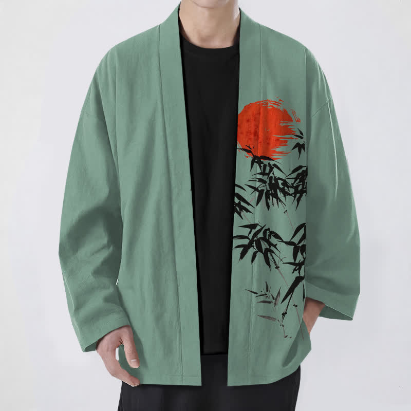 Buddha Stones Cotton Red Sun Bamboo Ink Pattern Open Front Men's Kimono - SeaGreen - US/UK/AU48,EU58 (4XL) - image 6