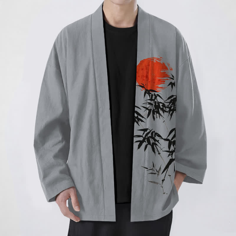 Buddha Stones Cotton Red Sun Bamboo Ink Pattern Open Front Men's Kimono - DarkGray - US/UK/AU48,EU58 (4XL) - image 9