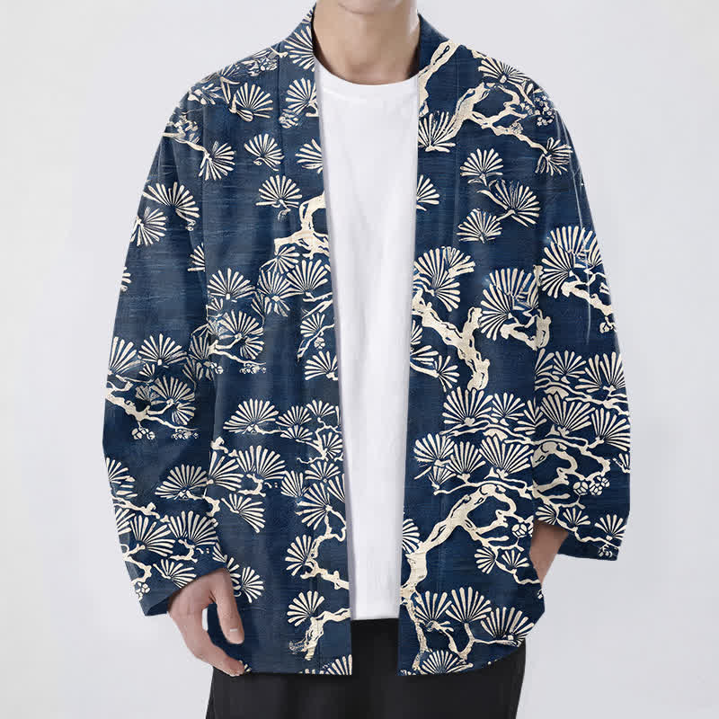 Buddha Stones Cotton Pine Branch Fan Pattern Open Front Men's Kimono - Navy - US/UK/AU48,EU58 (4XL) - image 0